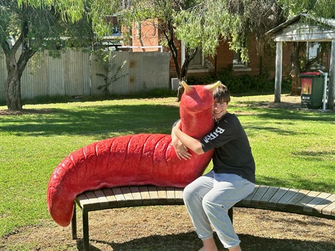 Griffin with Boggabri's pink slug statue.jpeg